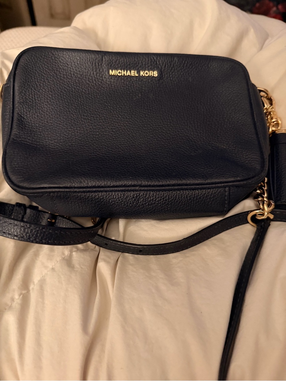 Michael Kors Navy Pebbled Leather Crossbody with Gold Hardware
